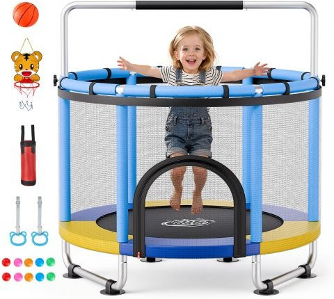 VEVOR Mini Trampolin für Kinder, Blau, 150 cm, mit Haltestange und Sicherheitsnetz - Bild 1