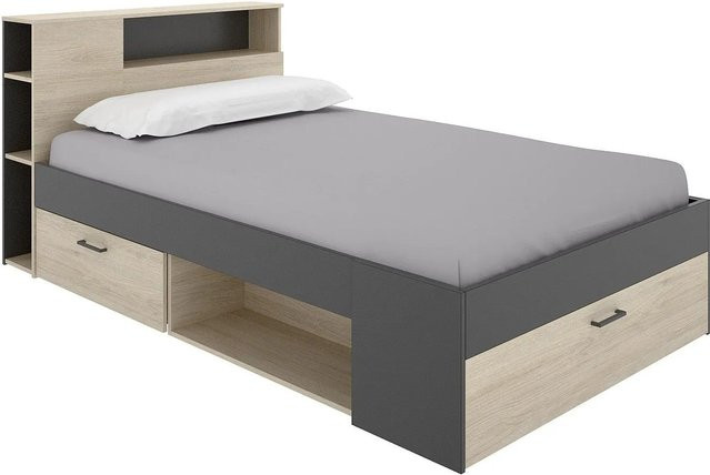 Vente-unique Bettrahmen Leandre mit Schubladen in Anthrazitgrau und Naturfarben, B/T/H: 120 x 190 x 217,3 cm - Bild 1
