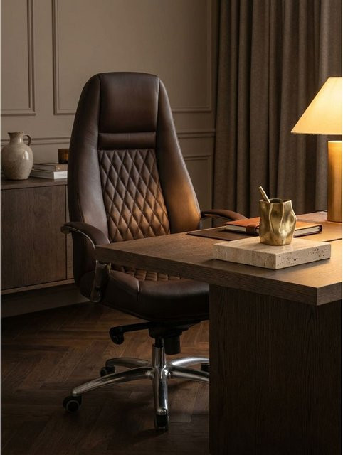 Bürostuhl AUSTIN von KADIMA DESIGN aus Echtleder mit Kopfstütze und Rauten-Design, Braun, B/T/H: 70 x 68 x 130 cm - Bild 1