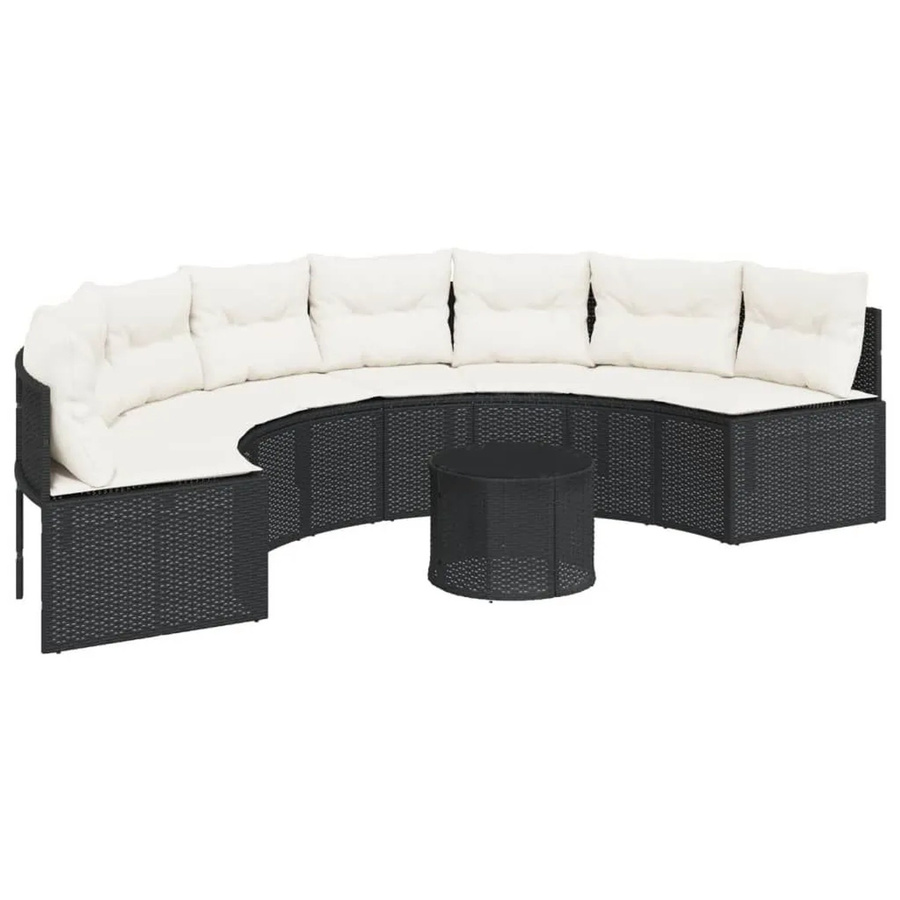 vidaXL Gartensofa halbrund aus schwarzem PE-Rattan mit Tisch und Kissen aus wetterbeständigem Polyester - Bild 2