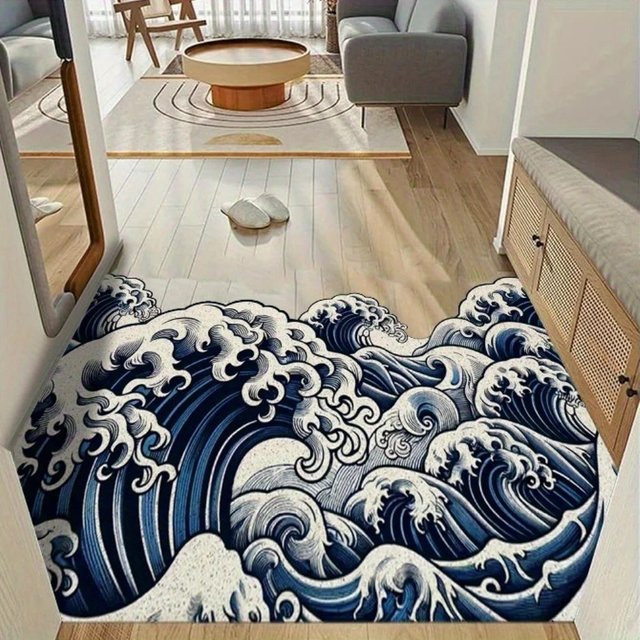 VIKAMA Rutschfester Bodenteppich Japanischer Ukiyo-E Great Wave in Blau für Badezimmer und Eingangsbereich - Bild 1