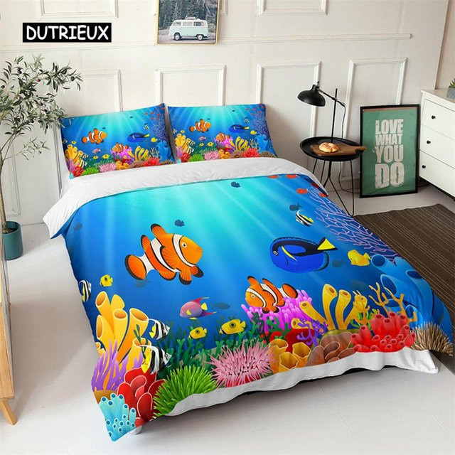 Binchi Bettwäsche-Set Ozean mit 3D-Fisch-Motiv in Blau, 3-teiliges Kinderbettwäsche-Set aus Polyester mit Deckenbezug und Kissenbezügen, B/H: 150 x 200 cm - Bild 1