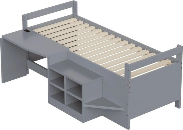 Merax Kinder Hochbett mit Schreibtisch und USB-Ladeport in Grau und Weiß, B/T/H: 200 x 90 x 132,5 cm - Bild 1