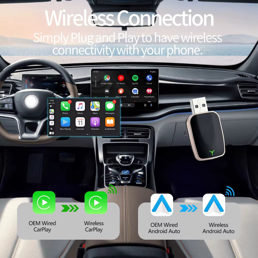 2-in-1 Wireless CarPlay und Android Auto Adapter Dongle mit USB-A und USB-C Unterstützung für iOS 10+ und Android 11+ Fahrzeuge in Schwarz und Gold - Bild 2