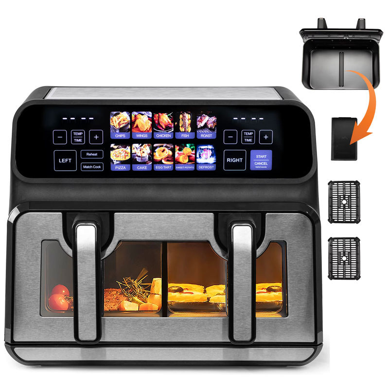 Sinaopus Heißluftfritteuse 2200W mit 9L Doppelkorb, Ölfreier Kocher in Schwarz mit LED-Touch-Steuerung und Sichtfenster, 10-in-1 Multifunktion - Bild 6