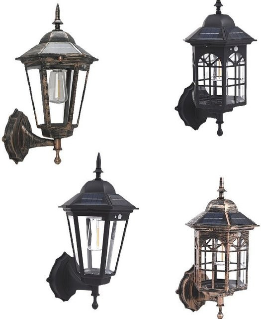 QHSPE Solar-Wandleuchte im Retro-Stil mit Bewegungsmelder, wasserdichte Außenlaterne aus Metall und Glas in Schwarz für Garten, Flur und Durchgang - Bild 1