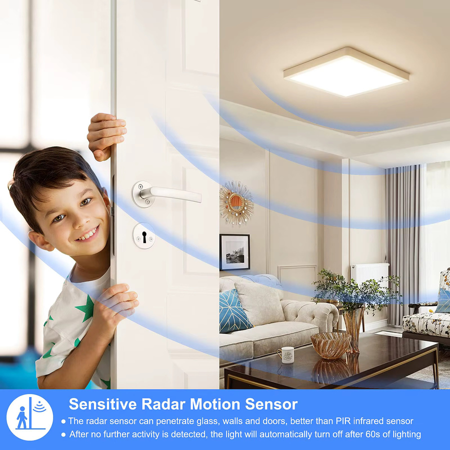 Oraymin LED-Deckenleuchte mit Radar-Bewegungsmelder, 18 W, 1800 lm, 4000 K, IP44, Weiß, Flache Lampe für Flur, Treppen und Balkon - Bild 2
