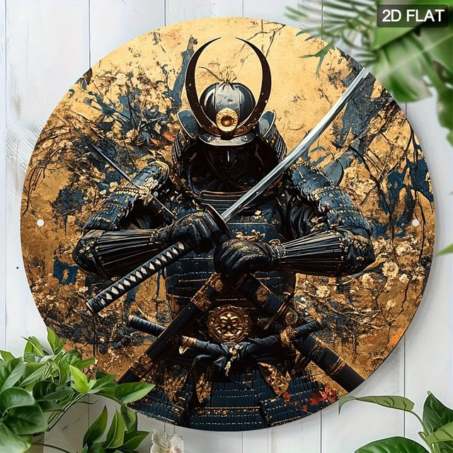 HELLOYOUNG Japanische Samurai Wandkunst aus Metall in Gold, runde dekorative Metallkunst mit traditionellem Schwertdesign, Durchmesser: 19,8 cm - Bild 1
