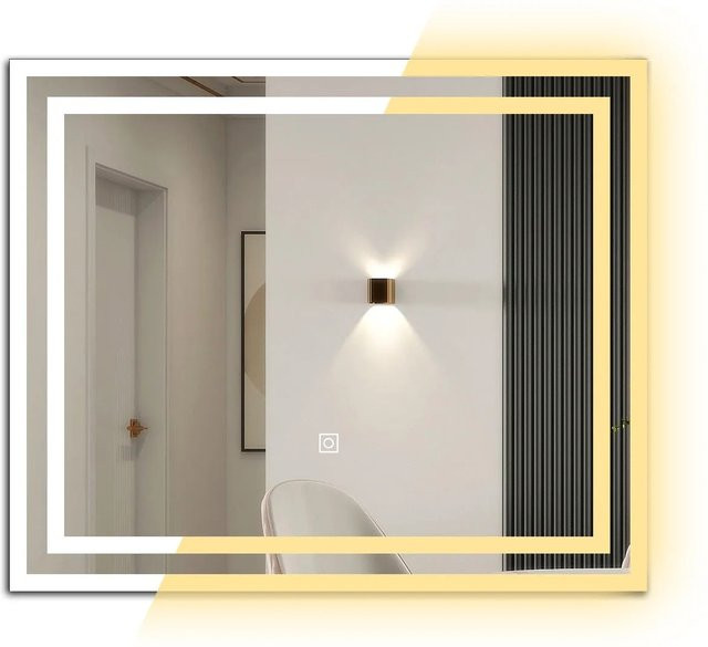 Aica Sanitär Badspiegel mit LED Beleuchtung, dimmbar mit drei Lichtfarben und Touch-Schalter, Weiß, B: 60 cm, H: 50 cm - Bild 1
