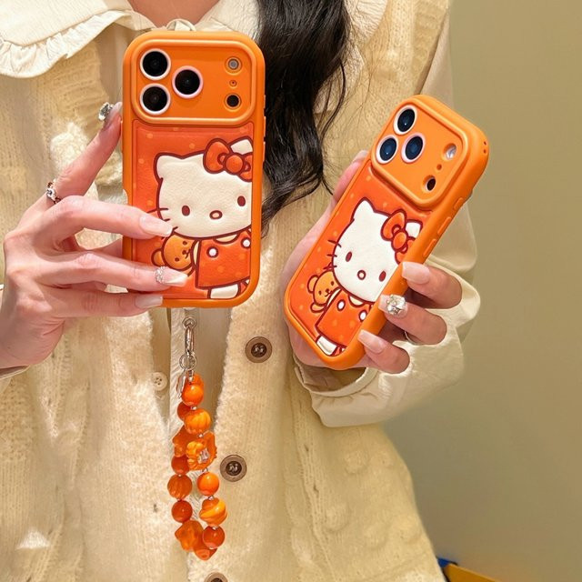 Sanrio Handyhülle aus Leder mit orange gestreiftem Teddybär Design für Apple iPhone 17 Pro Max 16 15 Pro 14 13 inklusive Zubehör - Bild 1