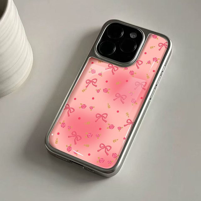 DecoPhone Stoßfeste Handyhülle mit rosa Blumen-Hydrogel-Rückplatte und silbernem Rand für iPhone 17, 16, 15, 14 Pro Max - Bild 1