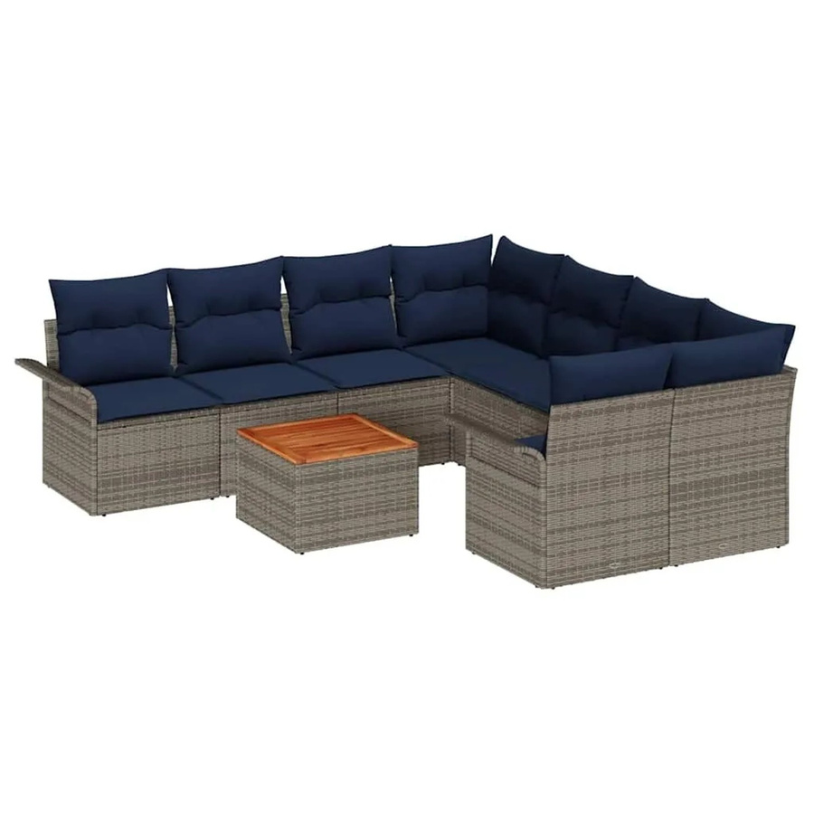 vidaXL Gartensofa-Set aus Poly-Rattan in Grau und Marineblau mit 9 Teilen, bestehend aus Ecksofas, Mittelsofas, Armlehnensofas und einem Gartentisch, inklusive wetterfesten Polsterkissen - Bild 2
