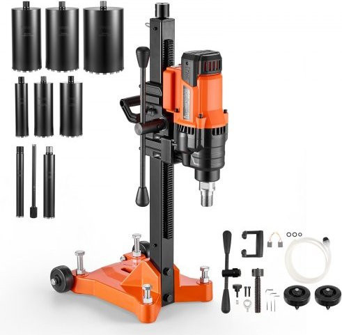 VEVOR Diamant Kernbohrmaschine 2500 W in Orange für Beton Ziegel Keramikfliesen Asphalt und Marmor, Trocken- und Nassbohrgerät mit 800 U/min, UNC1 1/4–7 Gewinde, inklusive 8 Bohrer, Rollständer und Tragegriff - Bild 1