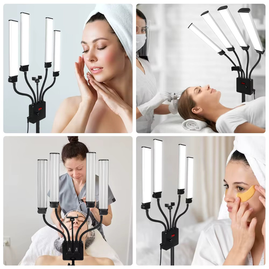 Dimmbare LED-Videoleuchte mit 80 W und vierarmigem Design, inkl. verstellbarem Stativ, Farbtemperatur 3000–6500 K, ideal für Make-up, Maniküre, Tattoo und Live-Streaming, Farbe: Weiß/Schwarz - Bild 4