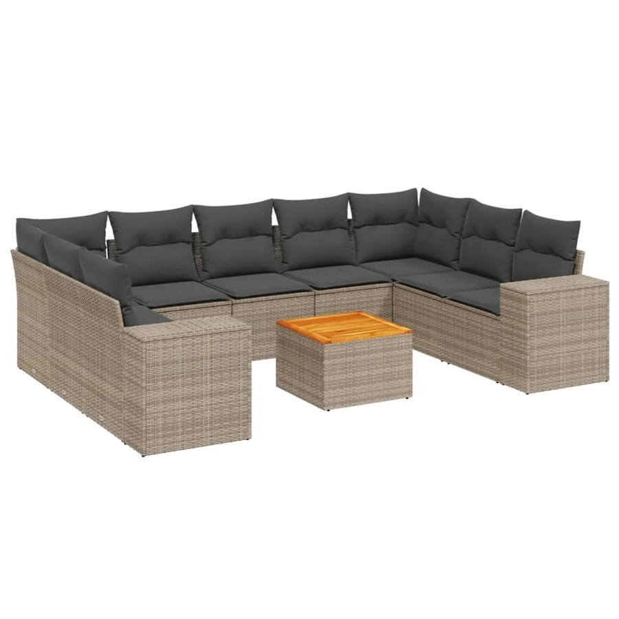 vidaXL 10-tlg Garten-Sofagarnitur aus Poly Rattan und Akazienholz in Grau mit Kissen Modell 65 - Bild 2
