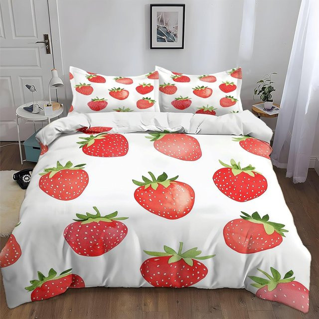 Mädchen Erdbeere Bettwäsche Set 2-teilig aus Mikrofaser mit Wendebettbezug und Kissenbezug, Weiß, B/H: 135 x 200 cm, Kissenbezug: 50 x 70 cm - Bild 1
