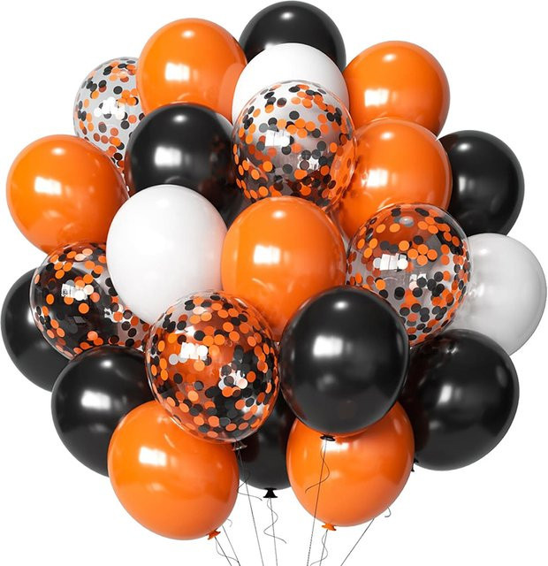 PartiesTour Halloween Ballon Bouquet in Schwarz, Orange und Weiß mit Konfetti und geometrischen Mustern für deine Partydekoration - Bild 1