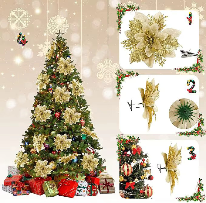 Uflower Glitter Blumen mit Clip in Gold, 5 Stück, Künstliche Blumen als Weihnachtsdekoration und Party-Ornament, Höhe: 13 cm - Bild 2
