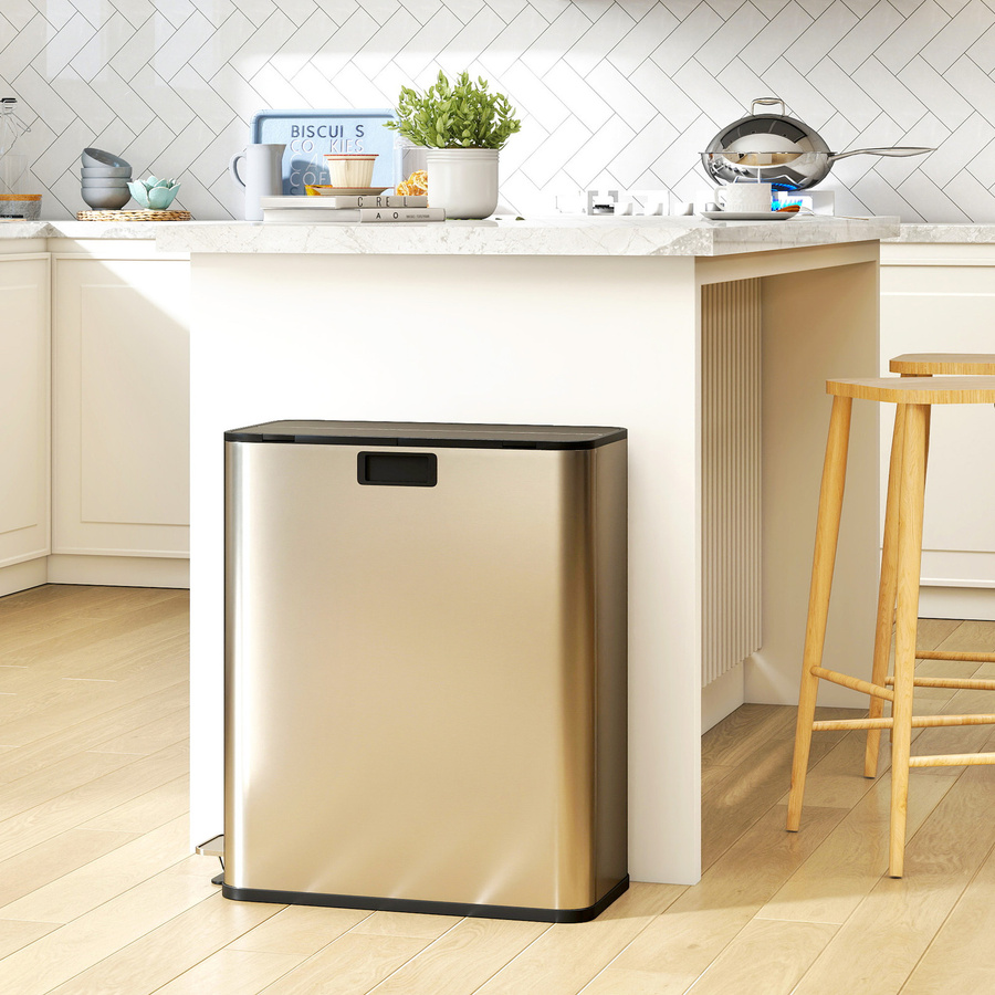 HOMCOM Doppel-Küchenmülleimer aus Edelstahl mit Soft-Close-Schmetterlingsdeckel und herausnehmbaren Inneneimern, Silberton, 2 x 28 l - Bild 2