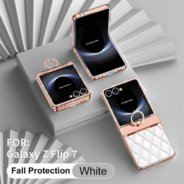 Samsung Galaxy Z Flip7 5G Handyhülle aus PU-Leder mit Glitzer-Diamant-Design und Displayschutzfolie in Weiß - Bild 1