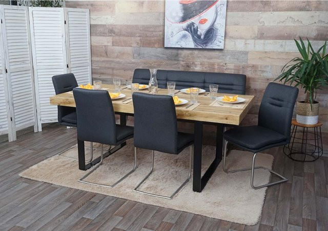 Esszimmer-Set MCW-H70 in Dunkelgrau mit Stoffbezug und gebürstetem Edelstahl, Breite: 160 cm - Bild 1