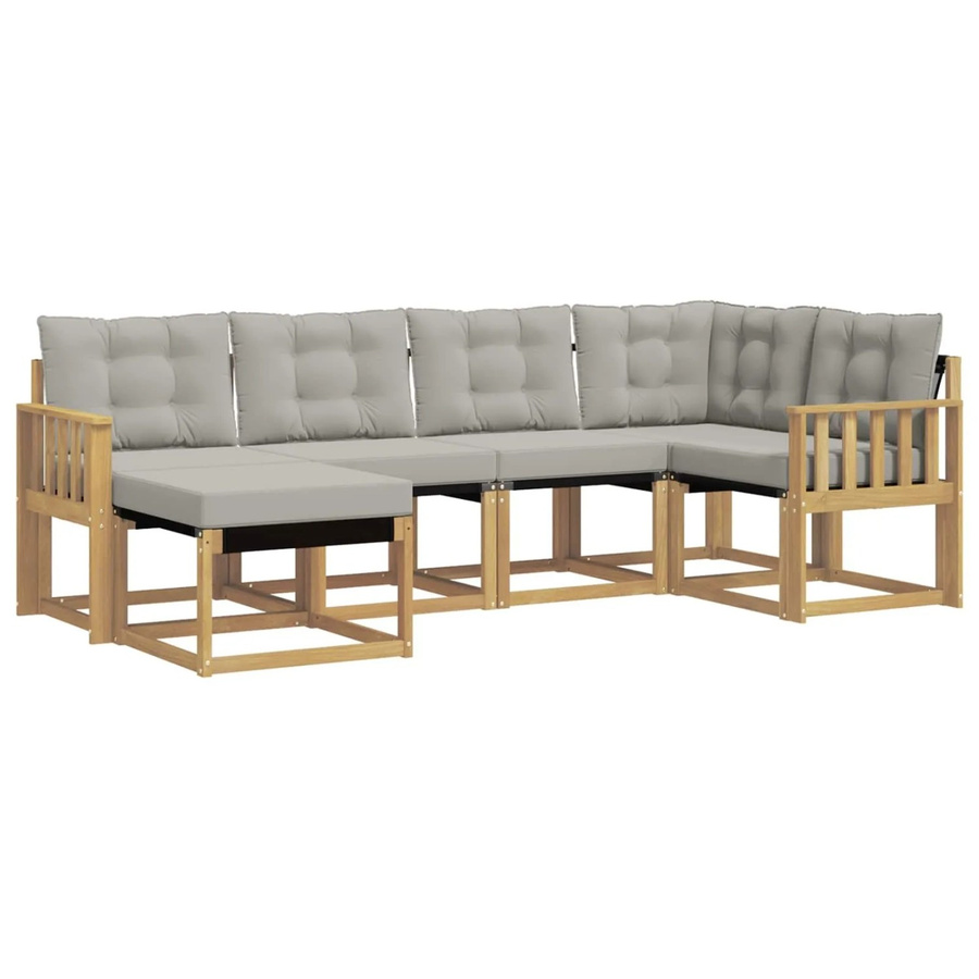 vidaXL Outdoor-Sofagarnitur 6-teilig in L-Form aus Akazienholz und Textilene mit Kissen in Weiß und Hellgrau - Bild 2