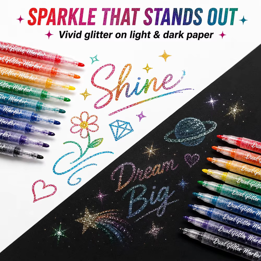 12 Stück Doppelspitzen-Glittermarker mit 24 Farben, wasserbasierte Schimmer-Stifte mit 2mm harter Spitze für Kunsthandwerk und Zeichnungen auf hellem und dunklem Papier - Bild 3