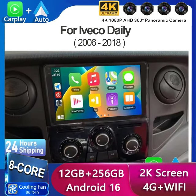 Android 16 Multimedia-Autoradio mit Carplay für Iveco Daily 2006-2018, Videoplayer mit 5G Wifi und GPS-Navigation, Schwarz - Bild 1