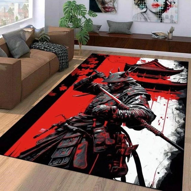 Japanischer Samurai Teppich mit Roter Sonne und Bambus-Tuschemalerei von Lodestar, Farbe Rot/Mehrfarbig, B/T: 60 x 40 cm - Bild 1