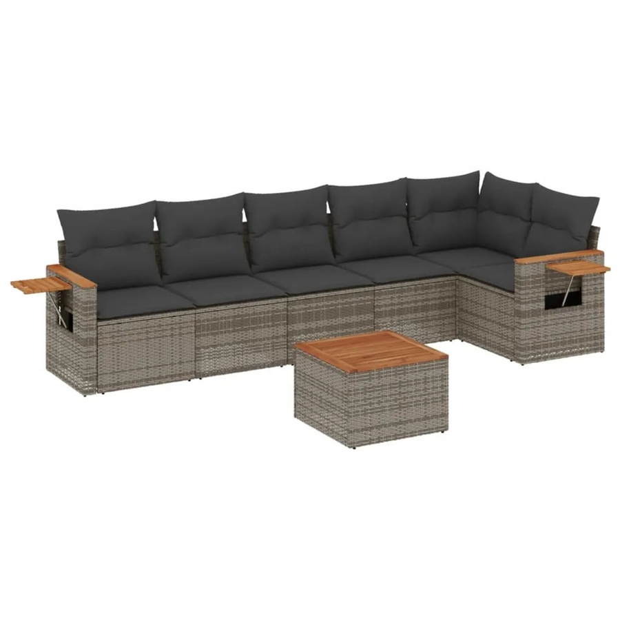 vidaXL 7-teilige Garten-Sofagarnitur in L-Form aus Poly-Rattan und Akazienholz in Grau mit Kissen - Bild 2