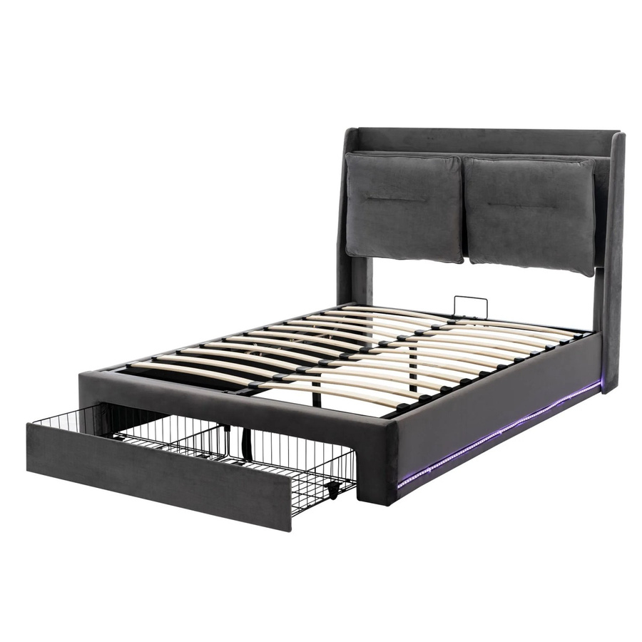 okwish Polsterbett aus Samt mit LED-Lichtleiste und Stauschubladen, B/T: 140 x 190 cm, Grau/Beige - Bild 2
