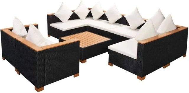 vidaXL 9-tlg. Garten-Lounge-Set aus Poly Rattan in Schwarz mit Auflagen und Couchtisch - Bild 1