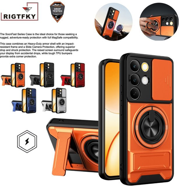 RIGTFKY Stoßfeste Panzer-Handyhülle für Realme 16 15 14 Pro C71 C51 C53 C55 C61 C63 C85 C67 mit Ständer und magnetischer Abdeckung in Orange - Bild 1