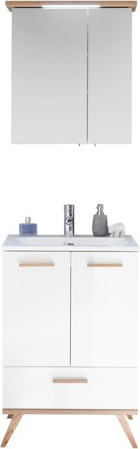 Pelipal Badmöbel-Set Quickset 923 3-teilig in Weiß Glänzend und Riviera Eiche mit Waschtisch, Waschtischunterschrank und Spiegelschrank mit LED-Beleuchtung - Bild 1