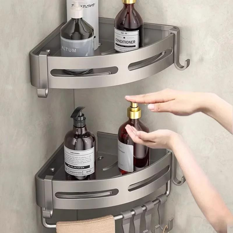Yiran Furniture Eckregal für das Badezimmer aus Weltraumaluminium in Grau, dreieckiges Wandregal ohne Bohren - Bild 5