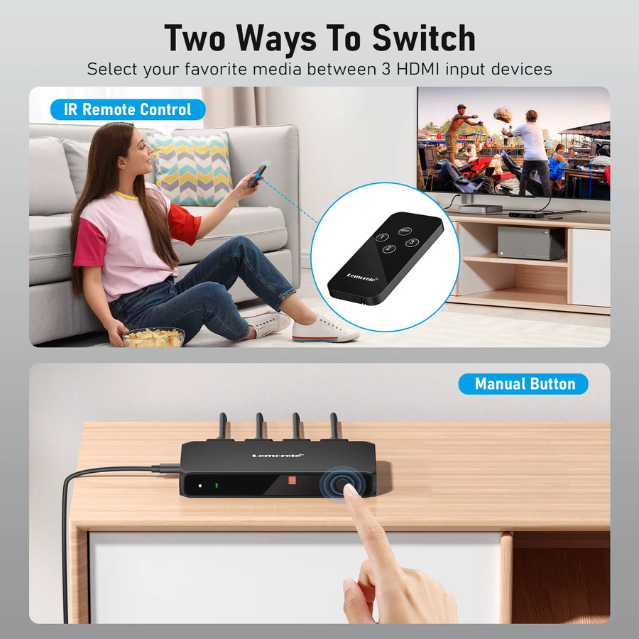 Lemorele 3 in 1 HDMI Switch 4K UHD Audio Extractor mit IR-Fernbedienung, HDR und HDCP 2.3, Schwarz, für Xbox, PS4 und PC - Bild 3