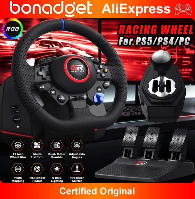 Bonacell Gaming-Lenkrad für PS5, PS4 und PC mit 11 Zoll Leder, 270° und 900°, inklusive RGB Hall-Effekt-Pedalen und Makro-PROG-Mapping in Schwarz - Bild 1