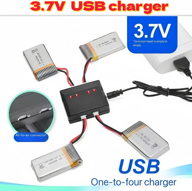 Aeromodelling Universal Akku-Drohnen-Ladegerät 3,7V in Schwarz mit integriertem Einzeldraht-Adapter für Ein-zu-Vier-Ladevorgänge - Bild 1