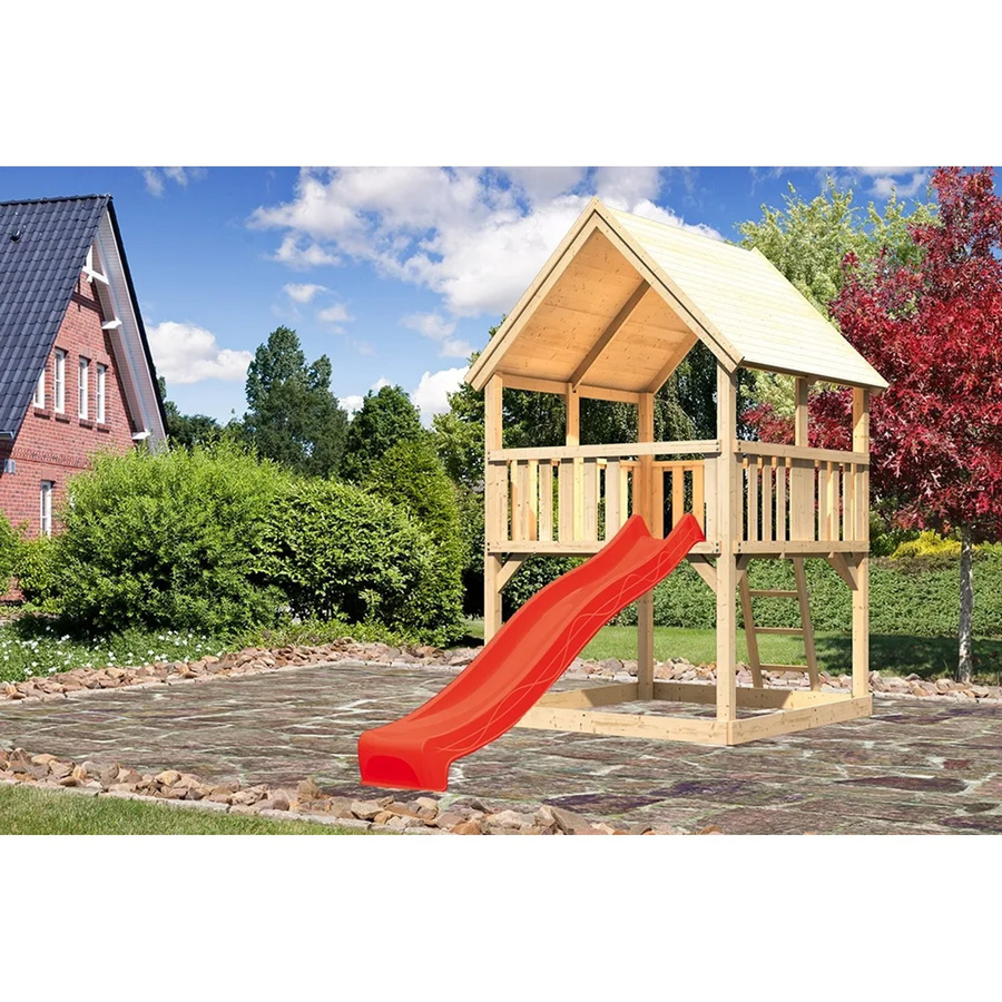 Karibu Spielturm Luis mit Satteldach und Rutsche in Rot und Braun - Bild 2