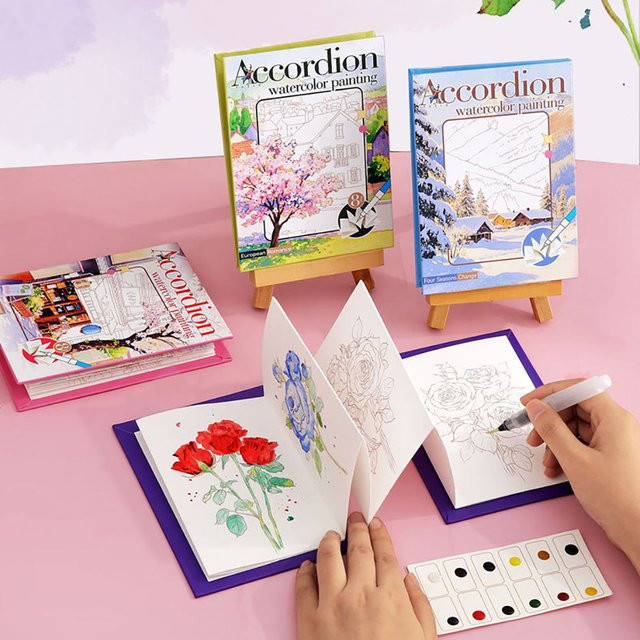 Faltbares Aquarell-Malbuch für Erwachsene in Pink und Multicolour mit Hardcover und Papierseiten - Bild 1