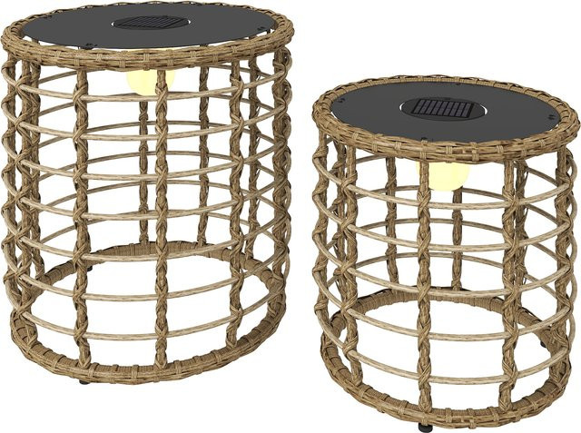 Outsunny Solar Stehlampe 2er Set im Boho-Stil aus PE-Rattan, LED Solarlampen mit Lichtsensor, IP44 wasserdicht, Farbe: Beige/Braun - Bild 1