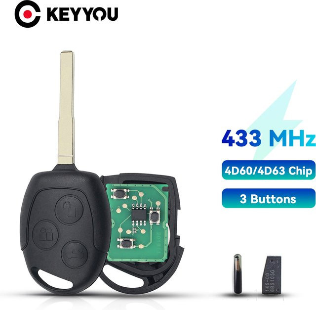 KEYYOU Fernbedienung Auto Schlüssel für Ford Focus Ka Mondeo Galaxy Fiesta Fusion, 433MHz, 4D60 ID63 Chip, 3 Tasten, Schwarz - Bild 1