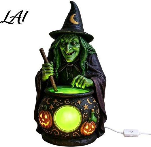 StormRider Halloween Hexenstatue mit leuchtendem Kessel als Tischdeko, USB-betriebenes Nachtlicht in Schwarz, Grün und Lila - Bild 1