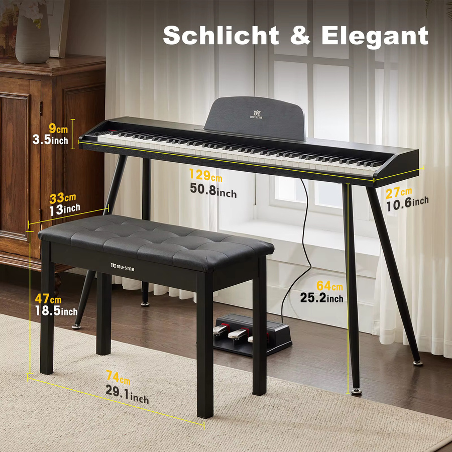 MUSTAR Digitalpiano Set mit 88 Tasten und Hammermechanik in Schwarz inklusive Klavierbank, Ständer und 3 Pedalen mit MIDI-USB-Anschluss - Bild 2