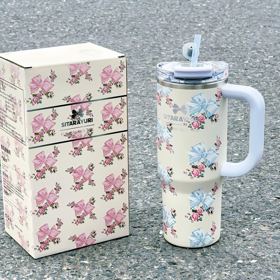 Thermosbecher mit Strohhalm aus 304 Edelstahl in Multicolour, 40oz Tumbler mit Schleifen-Design - Bild 1