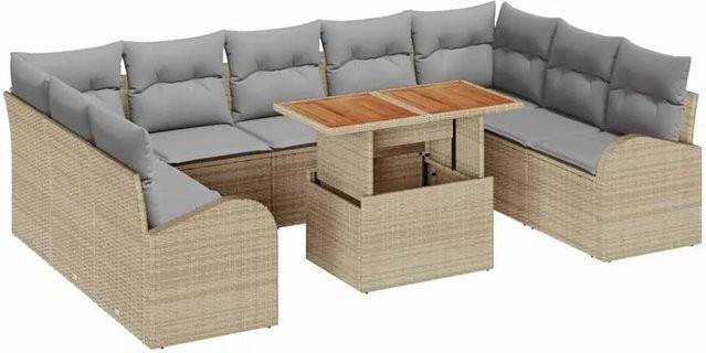 vidaXL Garten-Sofa-Set 10-tlg aus Poly Rattan in Beige mit Polstern und integriertem Kissen-Speicher - Bild 1