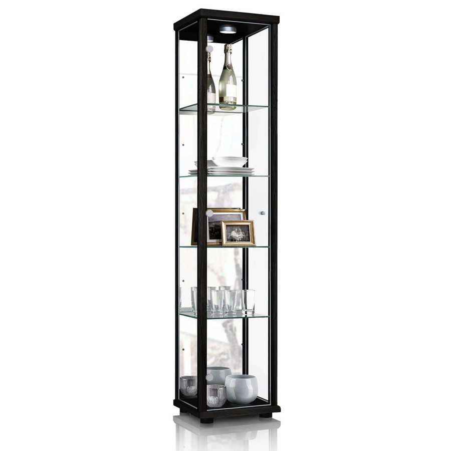 K-Möbel Glasvitrine stehend in Schwarz mit Spiegel, LED-Beleuchtung und 4 höhenverstellbaren Glasböden, H: 176 cm, B: 37 cm, T: 33 cm - Bild 2
