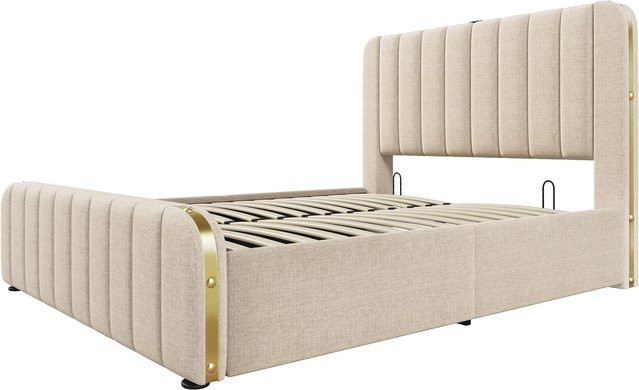 AB Store Polster-Doppelbett mit Stauraum und hydraulischem Hubbett in Beige, H x B x T: 102 x 203 x 150 cm - Bild 1