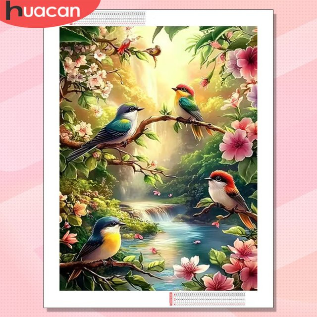 HUACAN 5D DIY Diamantmalerei Set Rund mit Vogel und Wasserfall Motiv, Mehrfarbig, Durchmesser: 30 cm - Bild 1