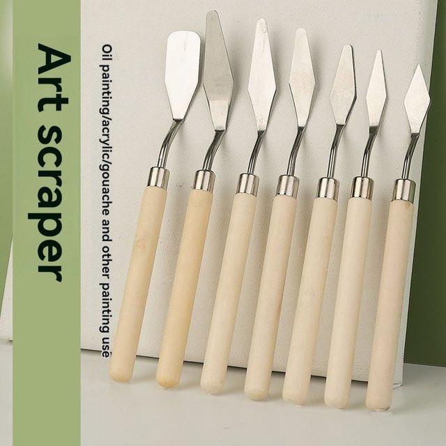 7er Set Malmesser aus Edelstahl mit Holzgriffen zum Mischen von Ölfarben und Gouache in Silber - Bild 1